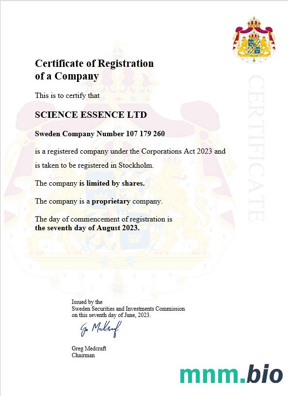 Sweden business registration vcertyfikat Word i szablon PDF